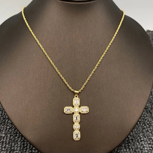 Sparkling CZ/Rhinestone Cross Charm 18K Gold-Plated Necklace