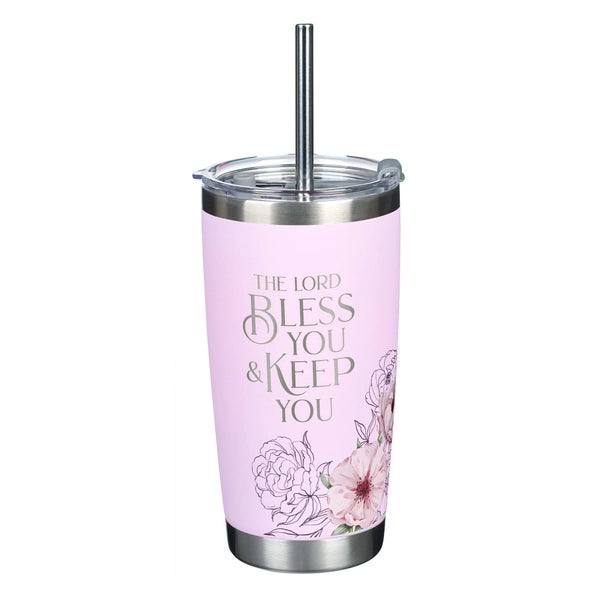 Bless You and Keep You Pink Floral Stainless Steel Travel Tumbler