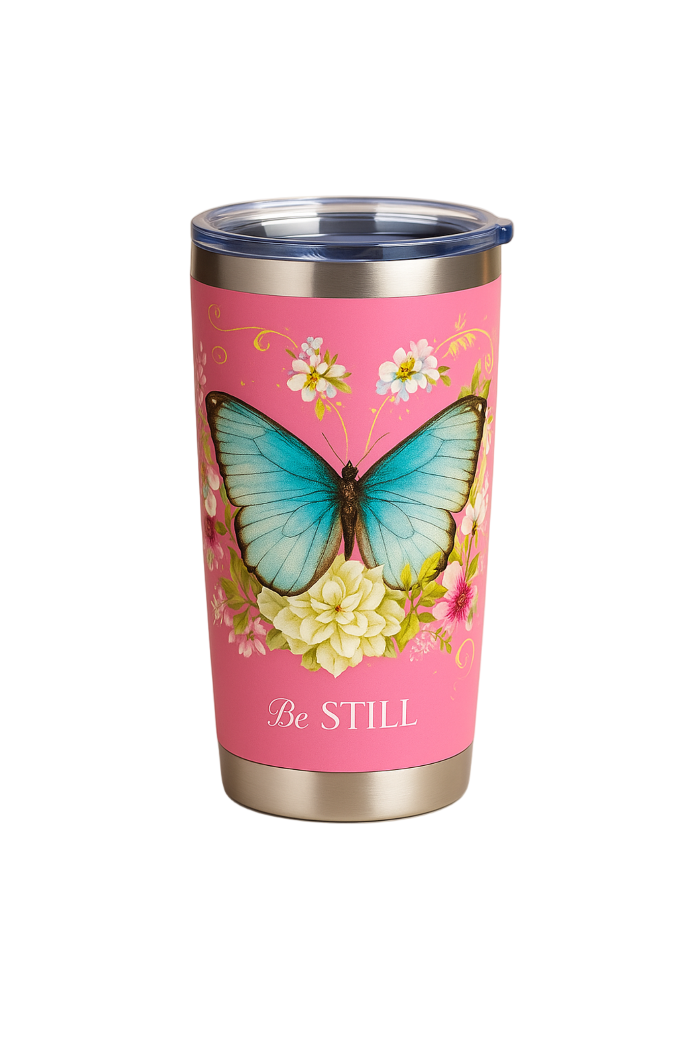 Pink Be Still Butterfly Stainless Steel Travel Tumbler
