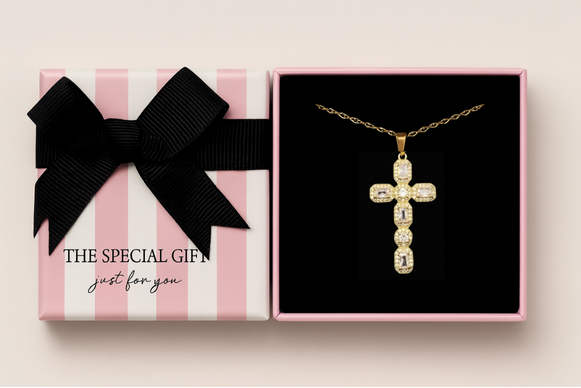 Sparkling CZ/Rhinestone Cross Charm 18K Gold-Plated Necklace