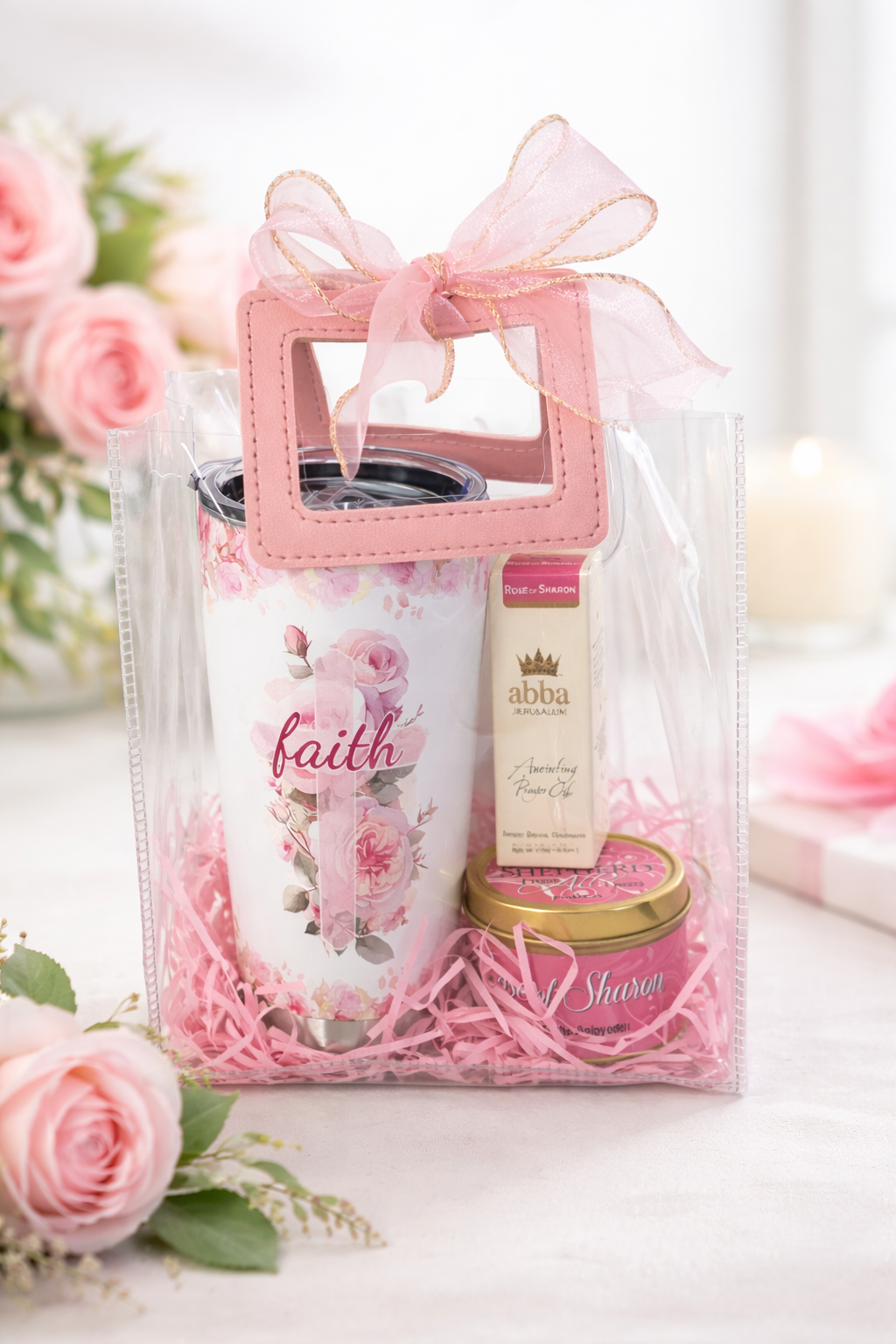 Faith Floral Tumbler Gift Set (Free Candle + Anointing Oil Included)