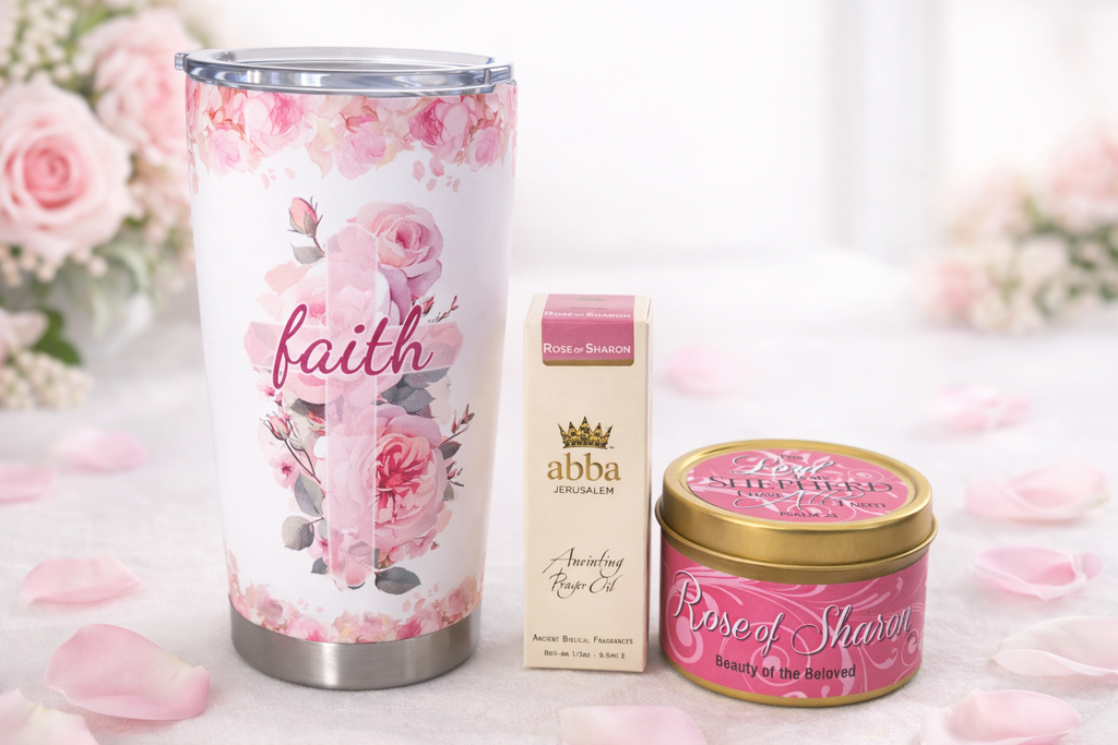 Faith Floral Tumbler Gift Set (Free Candle + Anointing Oil Included)